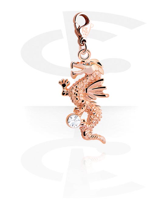 Charms, Charm with dragon design and crystal stone, Rose Gold Plated Surgical Steel 316L, Plated Brass