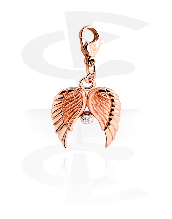 Charms, Charm with wing design and crystal stone, Rose Gold Plated Brass, Rose Gold Plated Surgical Steel 316L, Plated Brass
