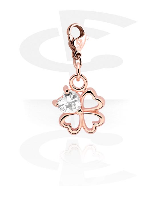 Charms, Charm with cloverleaf design and crystal stone, Rose Gold Plated Surgical Steel 316L, Plated Brass