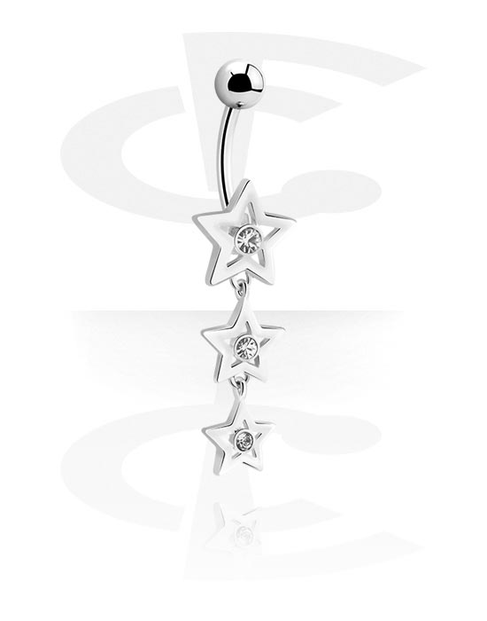 Curved Barbells, Belly button ring (surgical steel, silver, shiny finish) with star charm and crystal stones, Surgical Steel 316L