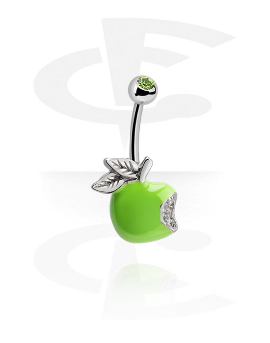 Zaobljene šipkice, Prsten za pupak (kirurški čelik, srebrna, sjajna završna obrada) s dizajnom jabuke i kristalnim kamenjem, Kirurški čelik 316L