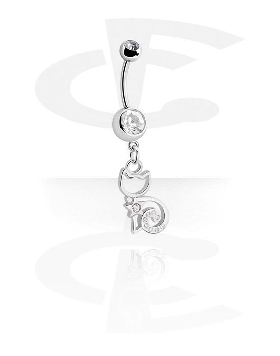 Curved Barbells, Belly button ring (surgical steel, silver, shiny finish) with cat charm and crystal stones, Surgical Steel 316L