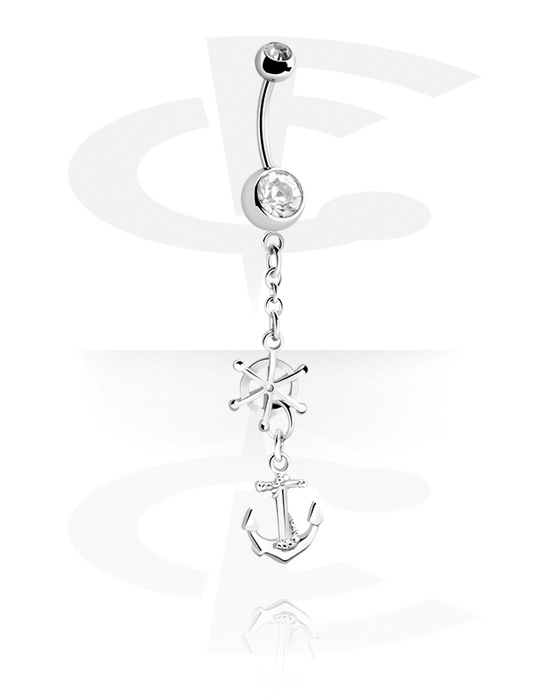 Curved Barbells, Belly button ring (surgical steel, silver, shiny finish) with anchor charm and crystal stones, Surgical Steel 316L
