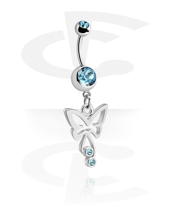 Curved Barbells, Belly button ring (surgical steel, silver, shiny finish) with butterfly charm and crystal stones, Surgical Steel 316L