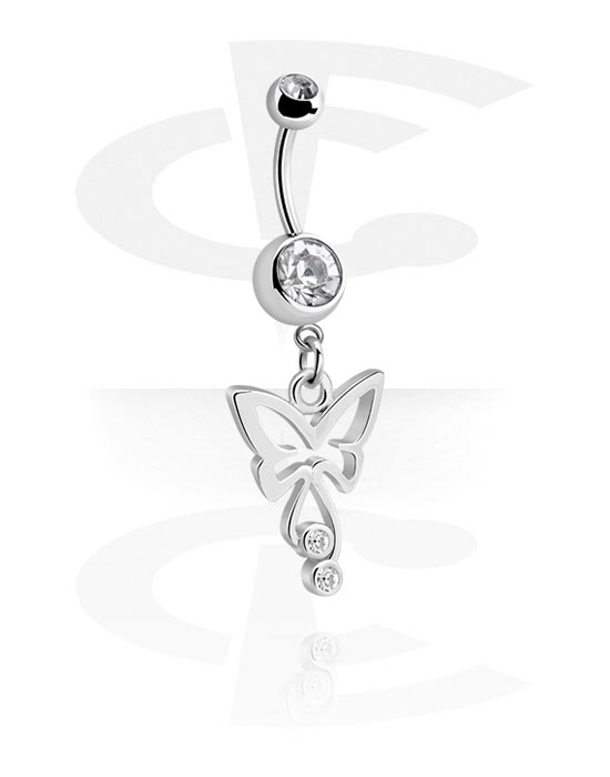 Curved Barbells, Belly button ring (surgical steel, silver, shiny finish) with butterfly charm and crystal stones, Surgical Steel 316L