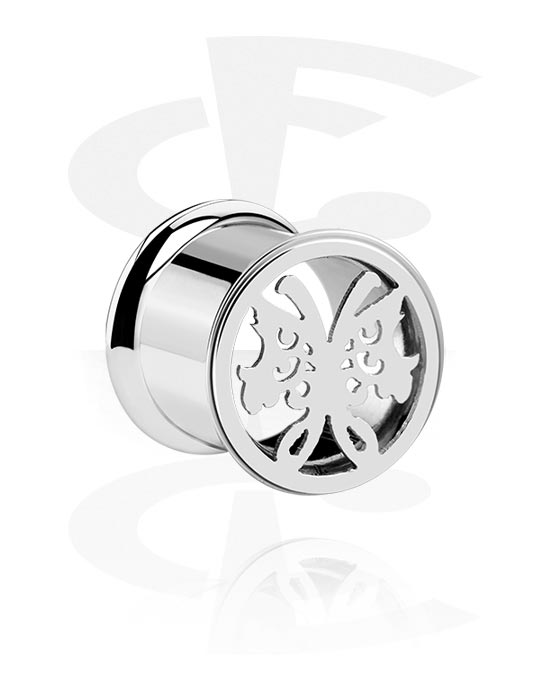 Tunnels & Plugs, Double flared tunnel (surgical steel, silver, shiny finish) with butterfly design, Surgical Steel 316L