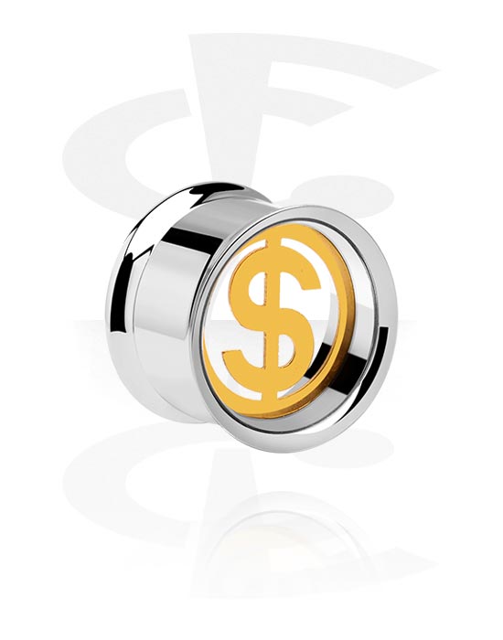 Tunnels & Plugs, Double flared tunnel (surgical steel, silver, shiny finish) with dollar sign design, Surgical Steel 316L