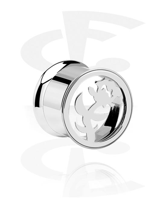 Tunnels & Plugs, Tunnel double flared (acier chirurgical, argent) avec motif rose, Acier chirurgical 316L