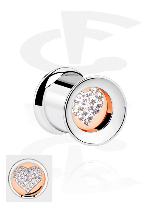 Tunnels & Plugs, Double flared tunnel (surgical steel, silver, shiny finish) with heart design and crystal stones, Surgical Steel 316L