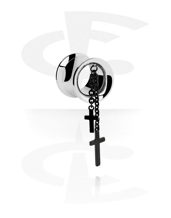 Tunnels & Plugs, Double flared tunnel (surgical steel, silver, shiny finish) with cross charm, Surgical Steel 316L