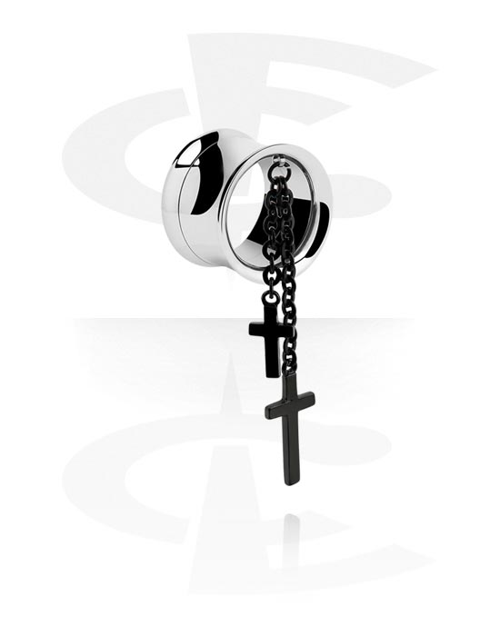 Tunnels & Plugs, Double flared tunnel (surgical steel, silver, shiny finish) with cross charm, Surgical Steel 316L