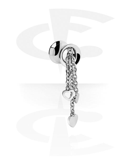 Tunnels & Plugs, Double flared tunnel (surgical steel, silver, shiny finish) with heart charm and chain, Surgical Steel 316L