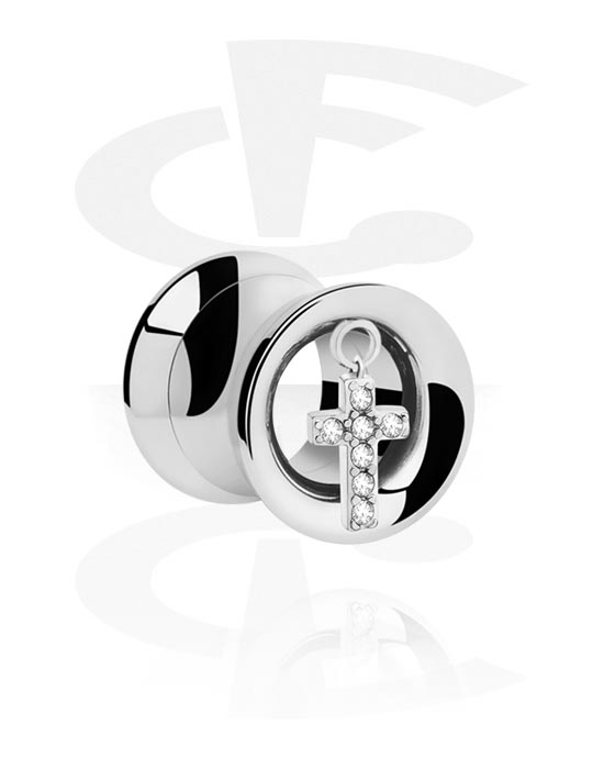 Tunnels & Plugs, Double flared tunnel (surgical steel, silver, shiny finish) with cross charm and crystal stones, Surgical Steel 316L