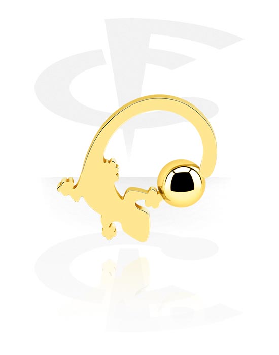 Alke za piercing, Prsten s kuglicom (kirurški čelik, zlatna, sjajna završna obrada) s dizajnom gekona, Pozlaćeni kirurški čelik 316L