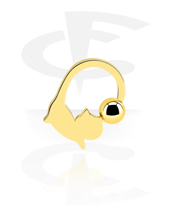 Piercingové kroužky, Kroužek s kuličkou (chirurgická ocel, zlatá, lesklý povrch) s designem kočka, Pozlacená chirurgická ocel 316L