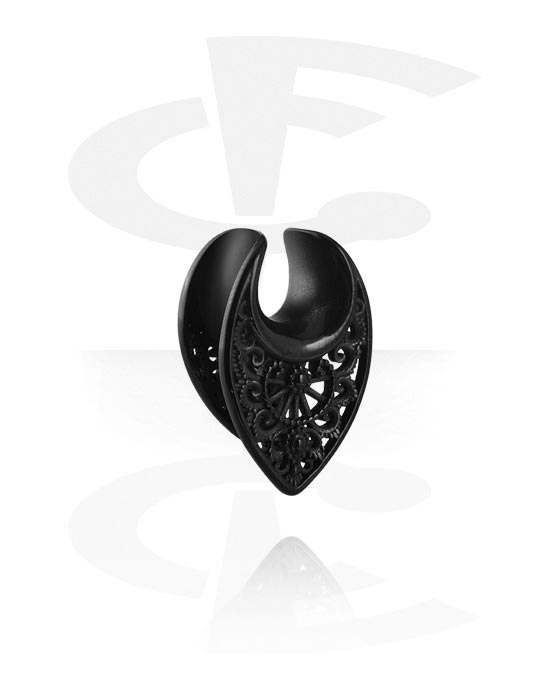 Tunnels & Plugs, Half tunnel (steel, black, shiny finish) with ornament, Stainless Steel 316L