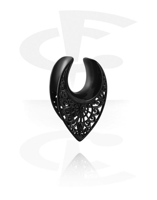 Tunnels & Plugs, Half tunnel (steel, black, shiny finish) with ornament, Stainless Steel 316L