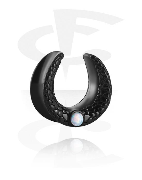 Tunnels & Plugs, Half tunnel (steel, black, shiny finish) with mother of pearl stone, Stainless Steel 316L