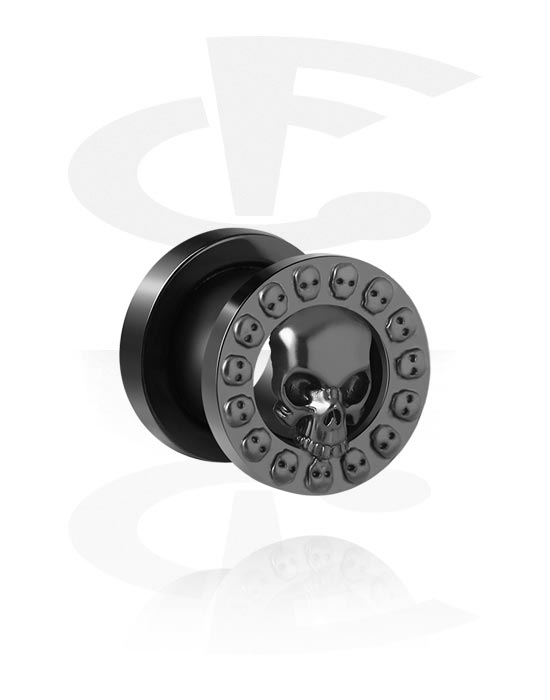 Tunnels & Plugs, Screw-on tunnel (steel, black, shiny surface) with skull design, Stainless Steel 316L