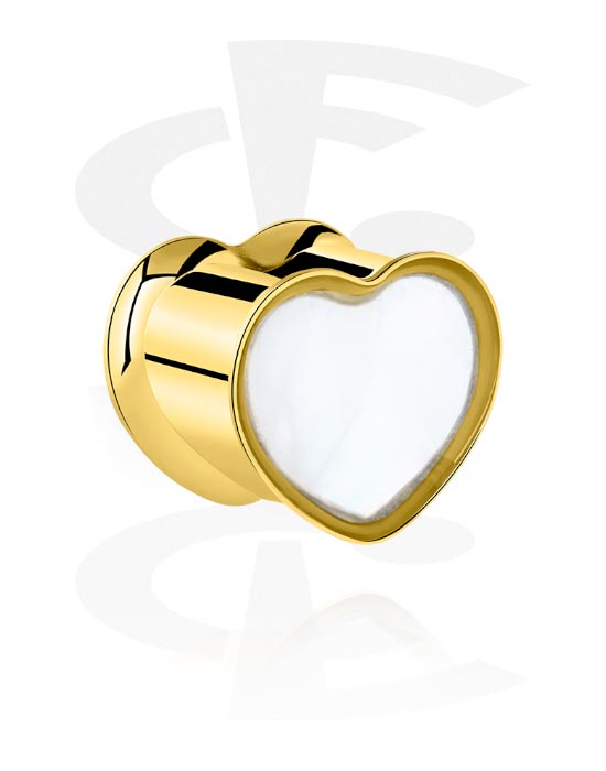 Túneis & Plugs, Double flared plug em forma de coração (aço inoxidável, ouro, acabamento brilhante), Aço inoxidável 316L banhado a ouro