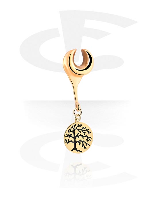 Tunnels & Plugs, Half tunnel (steel, gold, shiny finish) with tree charm, Gold Plated Stainless Steel 316L, Gold Plated Brass