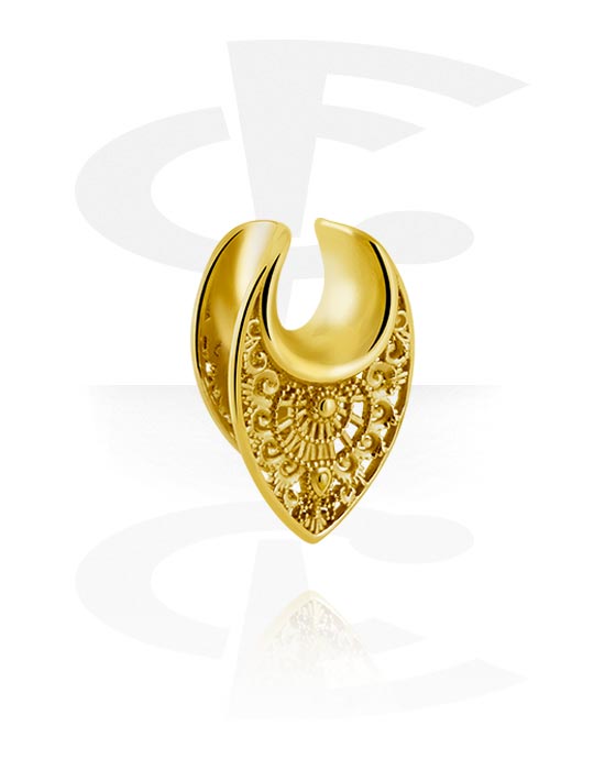 Tunnels & Plugs, Half tunnel (steel, gold, shiny finish) with ornament, Gold Plated Stainless Steel 316L