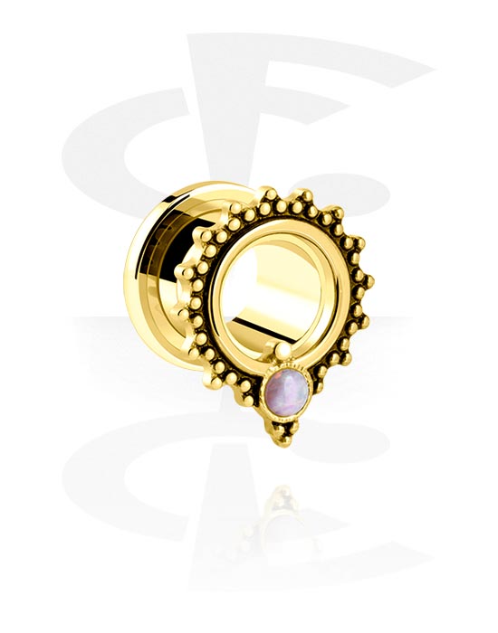 Tunnels & Plugs, Screw-on tunnel (steel, gold, shiny finish) with vintage design and mother of pearl stone, Gold Plated Stainless Steel 316L