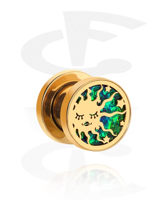 Tunnels & Plugs, Screw-on tunnel (steel, gold, shiny finish) with sun design, Gold Plated Stainless Steel 316L