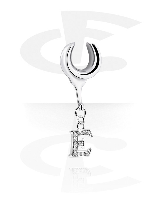 Tunnels & Plugs, Half tunnel (steel, silver, shiny finish) with charm with letter "E", Stainless Steel 316L, Plated Brass