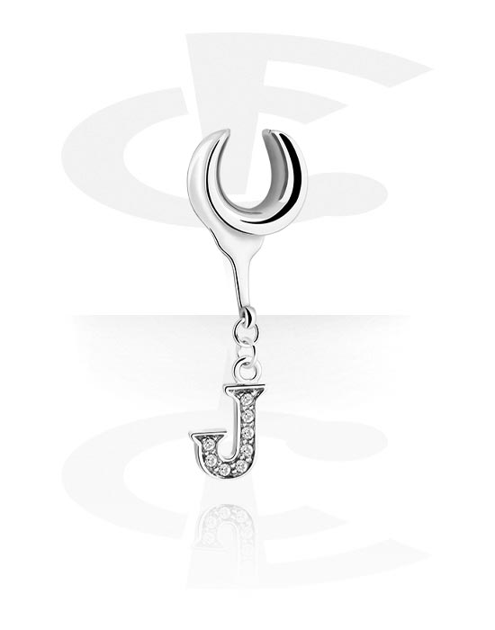 Tunnels & Plugs, Half tunnel (steel, silver, shiny finish) with charm with letter "J", Stainless Steel 316L, Plated Brass
