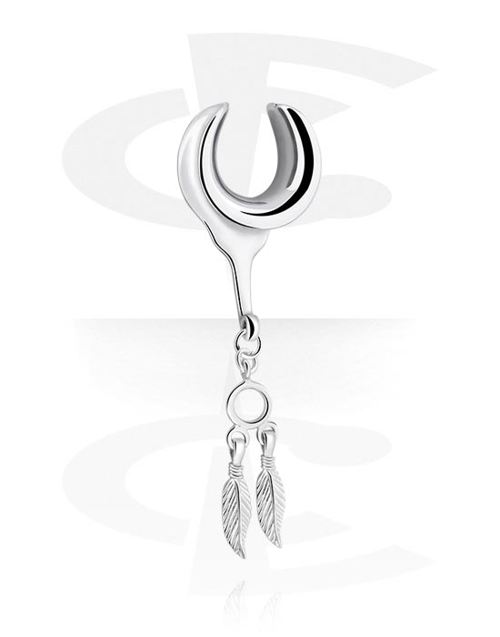 Tunnels & Plugs, Half tunnel (steel, silver, shiny finish) with feather charm, Stainless Steel 316L, Plated Brass