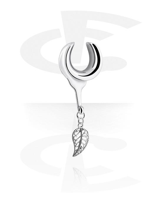 Tunnels & Plugs, Half tunnel (surgical steel, silver, shiny finish) with leaf pendant, Stainless Steel 316L, Plated Brass