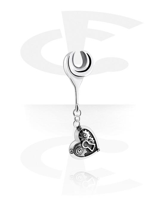 Tunnels & Plugs, Half tunnel (steel, silver, shiny finish) with heart charm, Stainless Steel 316L, Plated Brass