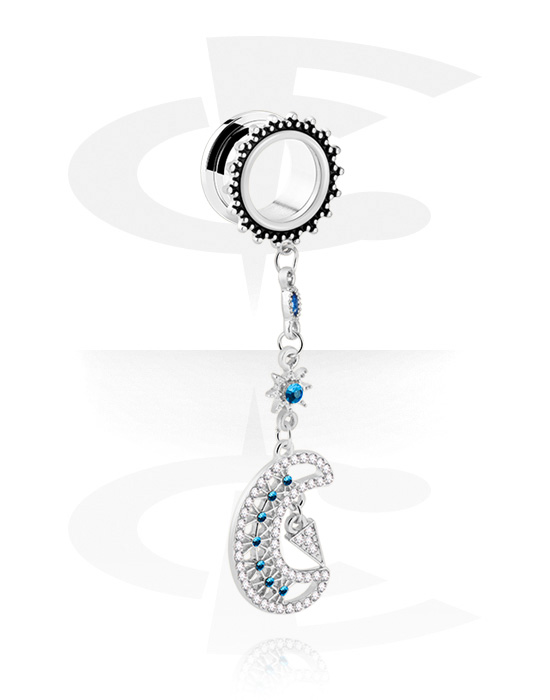 Tunnels & Plugs, Screw-on tunnel (steel, silver, shiny finish) with half moon charm and crystal stones, Stainless Steel 316L