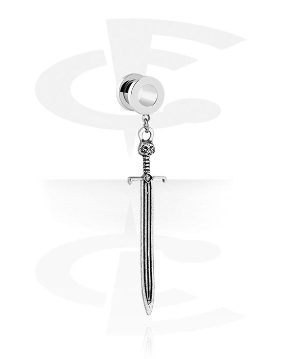 Tunnels & Plugs, Screw-on tunnel (steel, silver, shiny finish) with sword pendant, Stainless Steel 316L