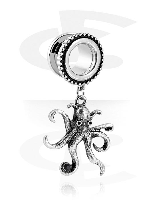 Tunnels & Plugs, Opschroefbare tunnel (staal, glanzende afwerking) met octopus-hanger, Roestvrij staal 316L