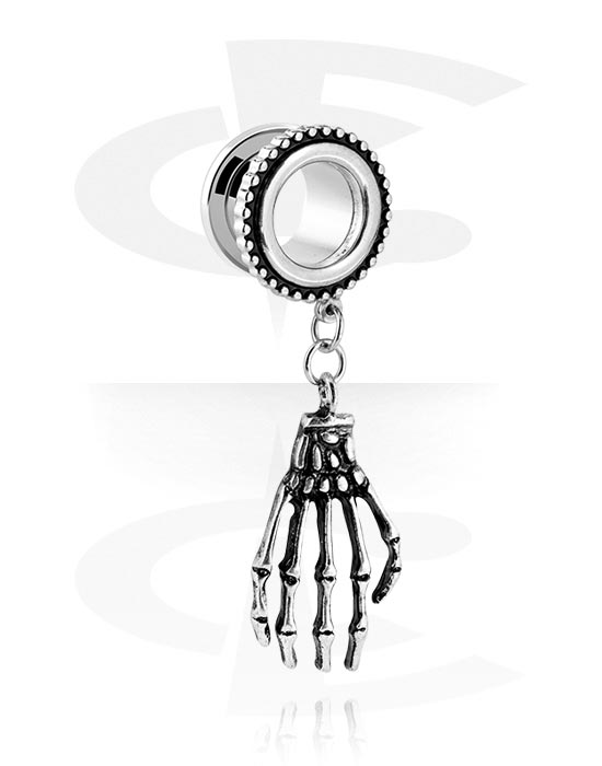 Tunnels & Plugs, Screw-on tunnel (surgical steel, silver, shiny finish) with skeleton hand pendant, Stainless Steel 316L