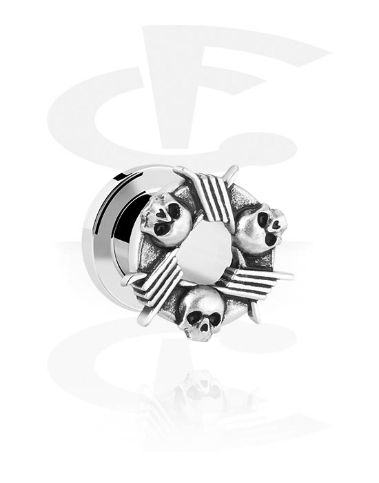 Tunnels & Plugs, Screw-on tunnel (steel, silver, shiny finish) with skull design, Stainless Steel 316L