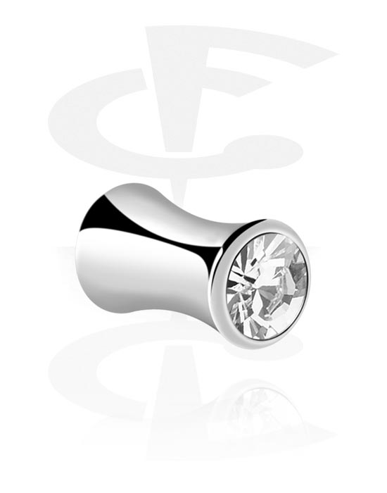 Tunnels & Plugs, Double flared plug (surgical steel, silver, shiny finish) with crystal stone, Surgical Steel 316L