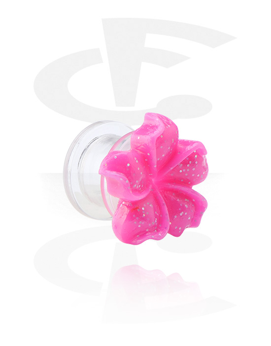 Tunnels & Plugs, Screw-on tunnel (acrylic, transparent) with flower attachment and glitter, Acrylic