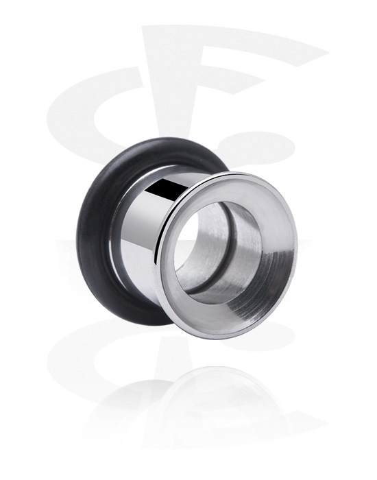 Tunnels & Plugs, Double flared tunnel (surgical steel, silver, shiny finish) with concave front and O-ring, Surgical Steel 316L