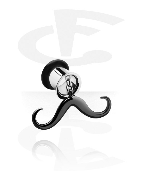 Tunnels & Plugs, Single flared tunnel (surgical steel, silver, shiny finish) with mustache charm and O-ring, Surgical Steel 316L