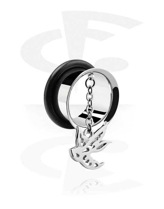 Tunnels & Plugs, Single flared tunnel (surgical steel, silver, shiny finish) with bird charm and O-ring, Surgical Steel 316L