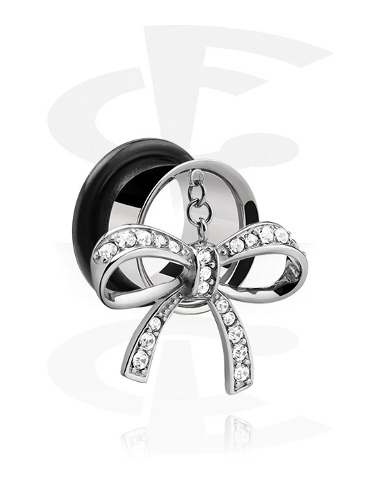 Tunnels & Plugs, Single flared tunnel (surgical steel, silver, shiny finish) with bow and crystal stones, Surgical Steel 316L