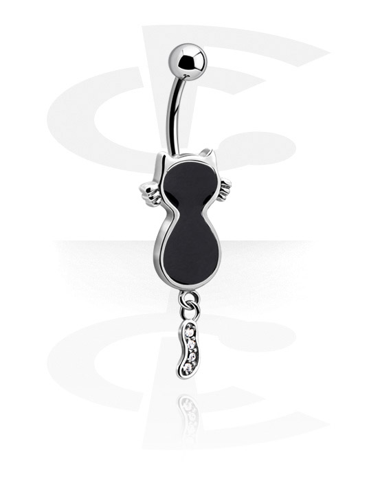 Curved Barbells, Belly button ring (surgical steel, silver, shiny finish) with cat design and crystal stones, Surgical Steel 316L