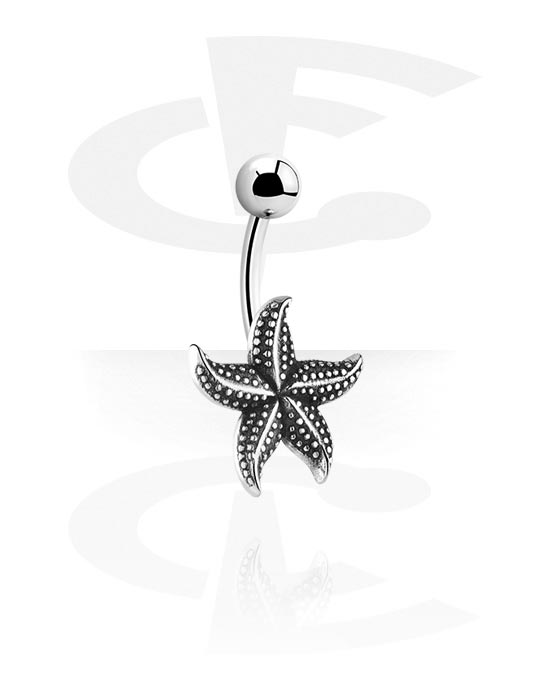 Zaobljene šipkice, Prsten za pupak (kirurški čelik, srebrna, sjajna završna obrada) s dizajnom morske zvijezde, Kirurški čelik 316L