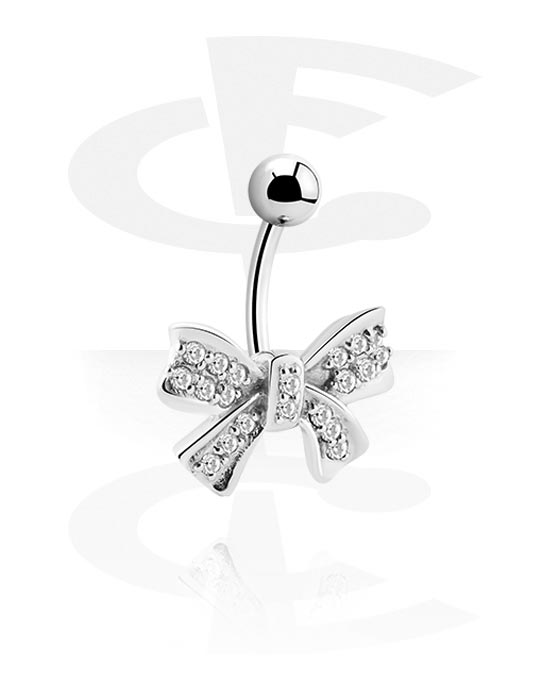 Curved Barbells, Belly button ring (surgical steel, silver, shiny finish) with bow design and crystal stones, Surgical Steel 316L