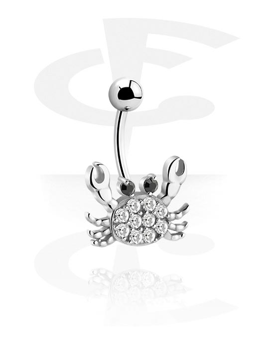 Curved Barbells, Belly button ring (surgical steel, black, shiny finish) with crab design and crystal stones, Surgical Steel 316L