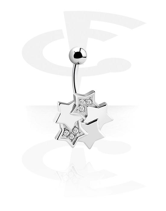Curved Barbells, Belly button ring (surgical steel, silver, shiny finish) with star design and crystal stones, Surgical Steel 316L