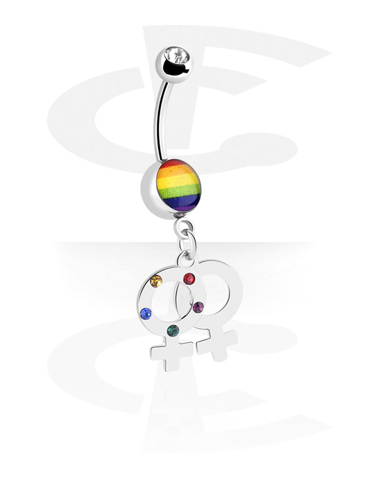 Curved Barbells, Belly button ring (surgical steel, silver, shiny finish) with rainbow colours and crystal stones, Surgical Steel 316L